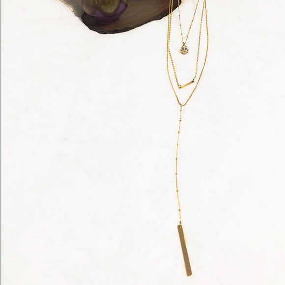 Stylish 3-Tier Layered Golden Tone Bar+Crystal Teardrop Pendant, Long Necklace - Picture 3 of 16